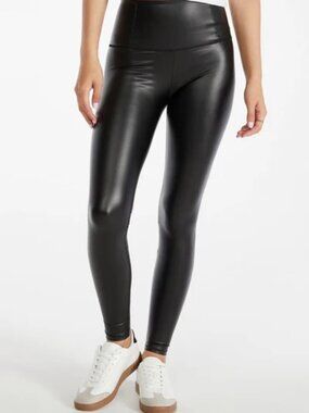 JustFab Tummy Tamer Faux Leather Ankle Leggings L Black